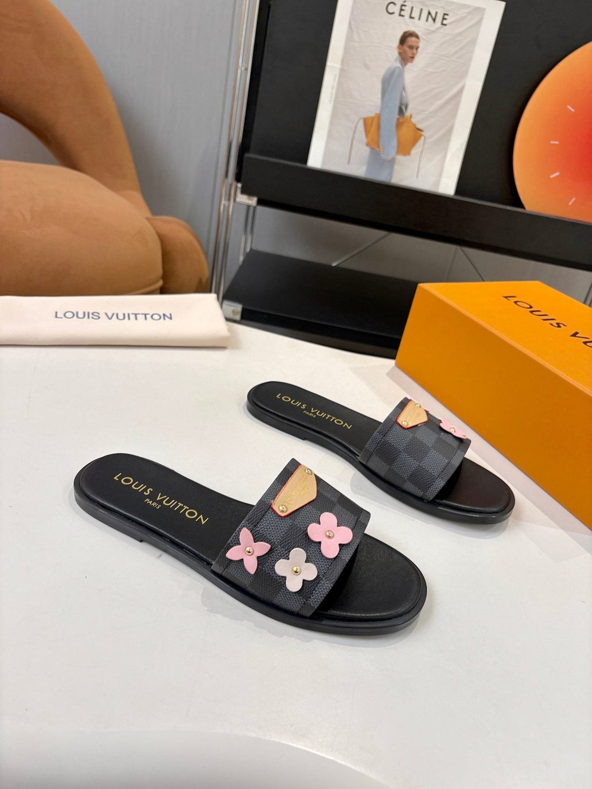 Louis Vuitton Floral Appliqué Slide Sandals — front