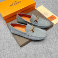 Hermès Light Gray Suede Driving Loafers — hero