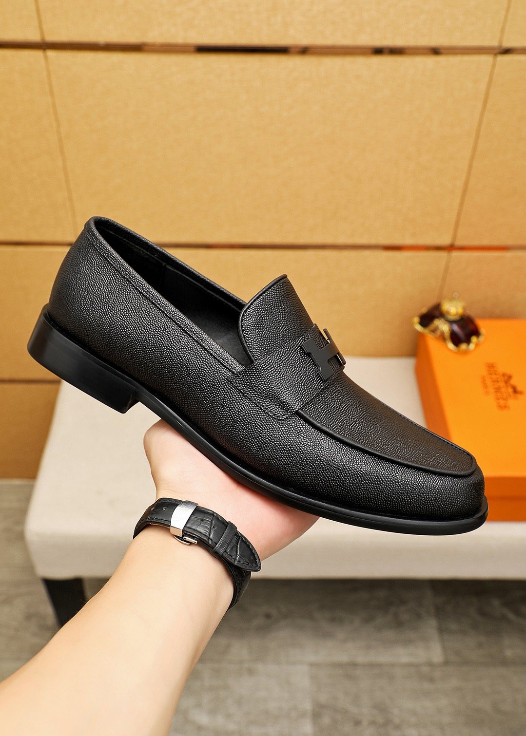 Hermès Black Textured Leather Loafers — model