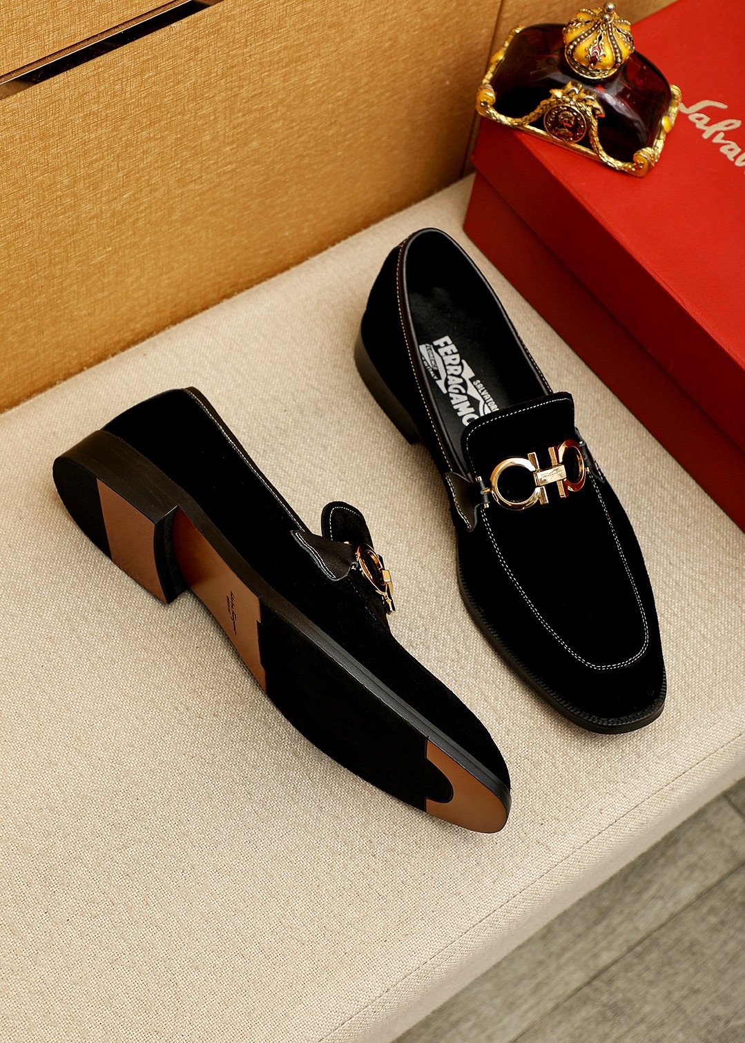 Ferragamo Black Metal-Accent Loafers — front