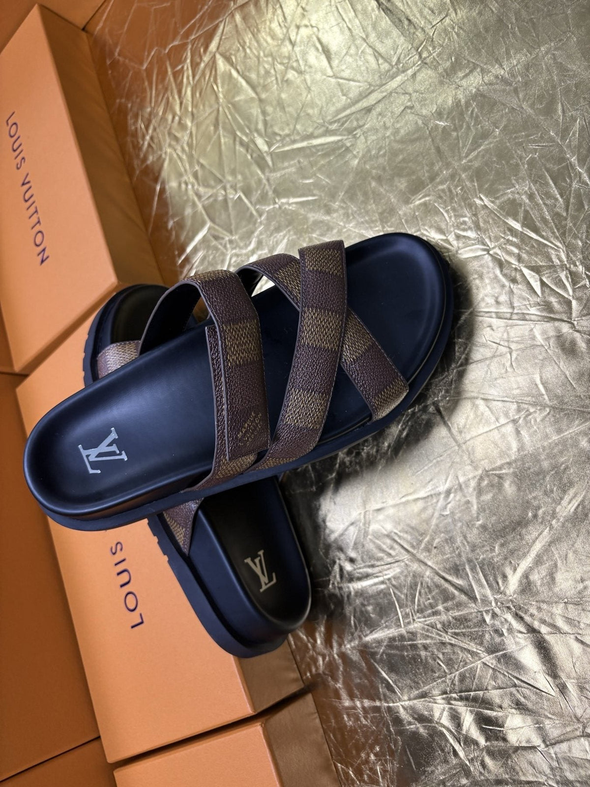 Louis Vuitton Checkered Cross-Strap Slide Sandals — side
