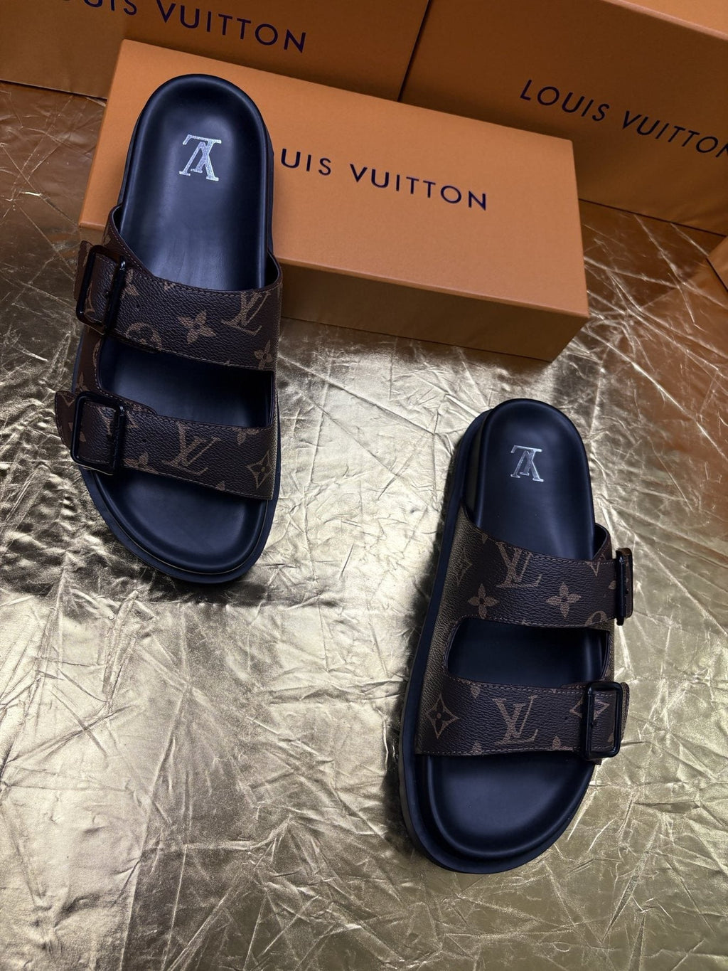 Louis Vuitton Monogram Double-Buckle Slide Sandals — front
