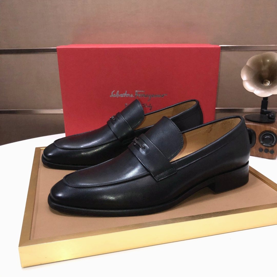 Ferragamo Black Leather Loafers — front