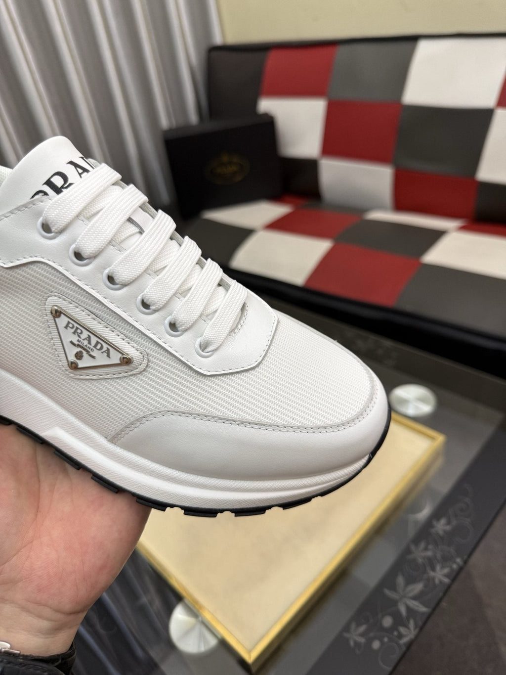 Prada White Textured Low-Top Sneakers — detail