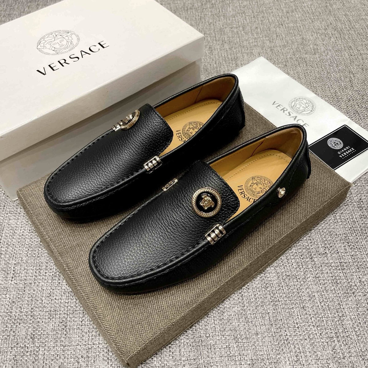 Versace Black Textured Slip-On Loafers — front