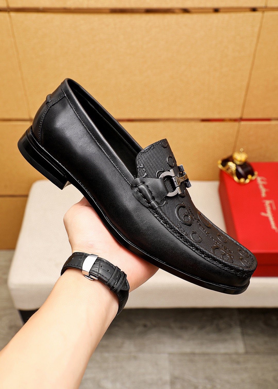 Ferragamo Black Embossed Buckle Loafers — model
