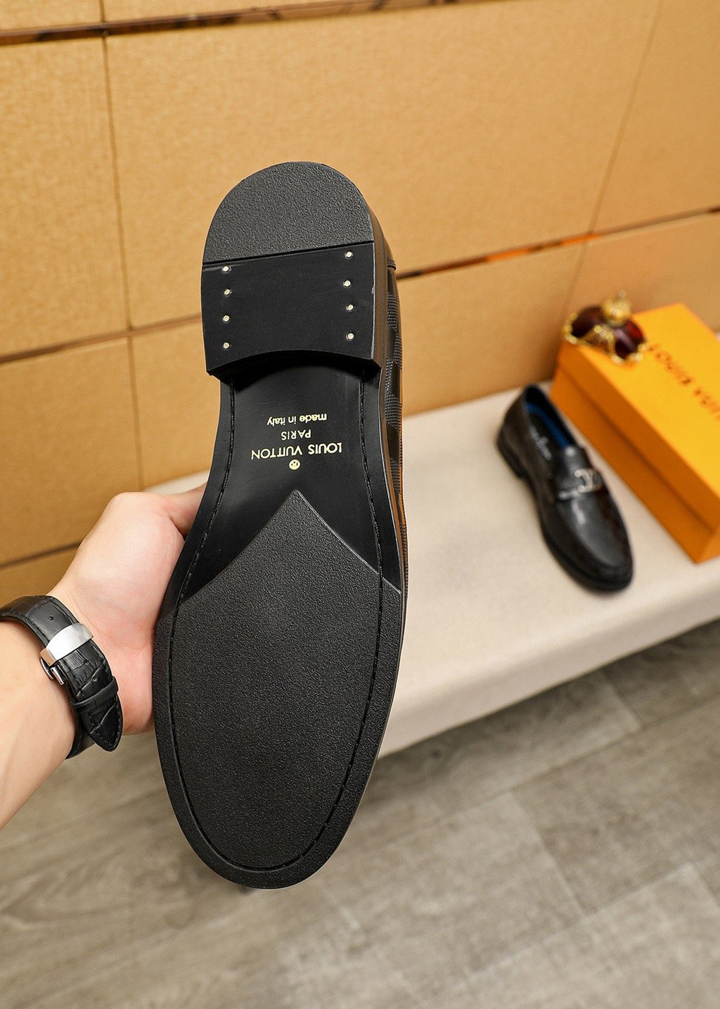 Louis Vuitton Black and Dark Gray Check Loafers — back