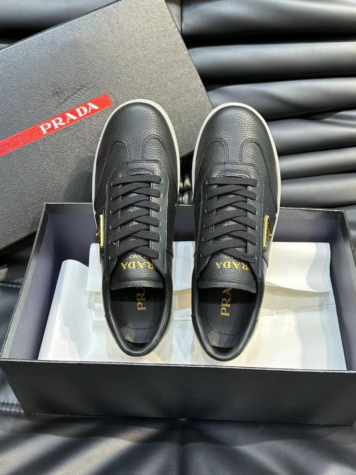 Prada Black Leather Low-Top Sneakers — front