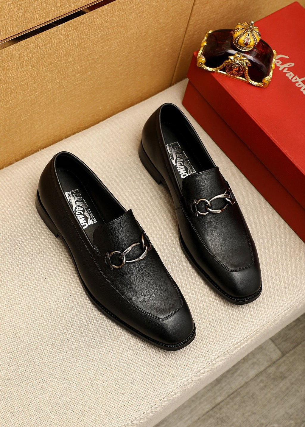 Ferragamo Black Metal Bit Loafers — front