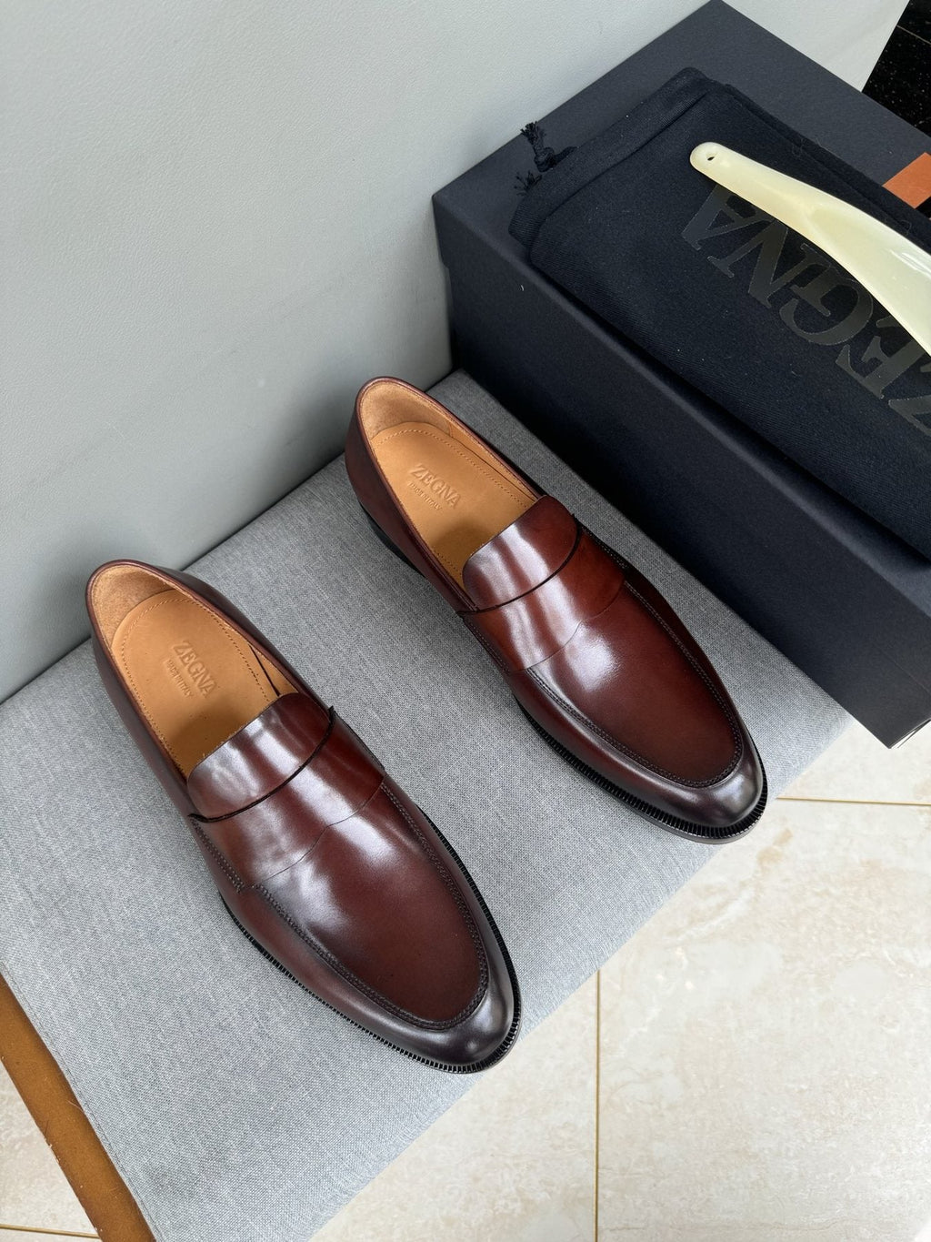 ZEGNA Dark Brown Penny Loafers — front