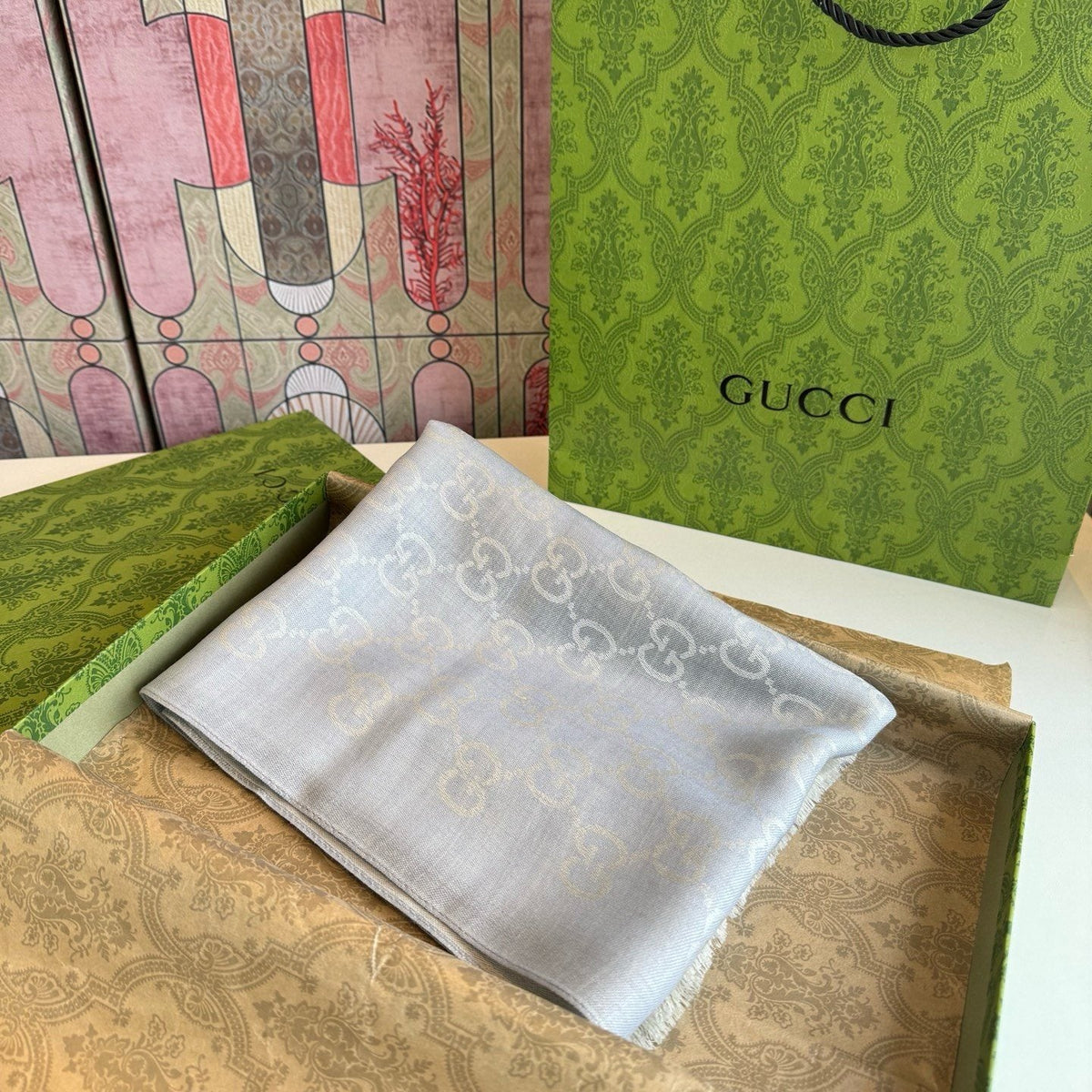 Gucci Reversible Monogram Fringe Scarf — front