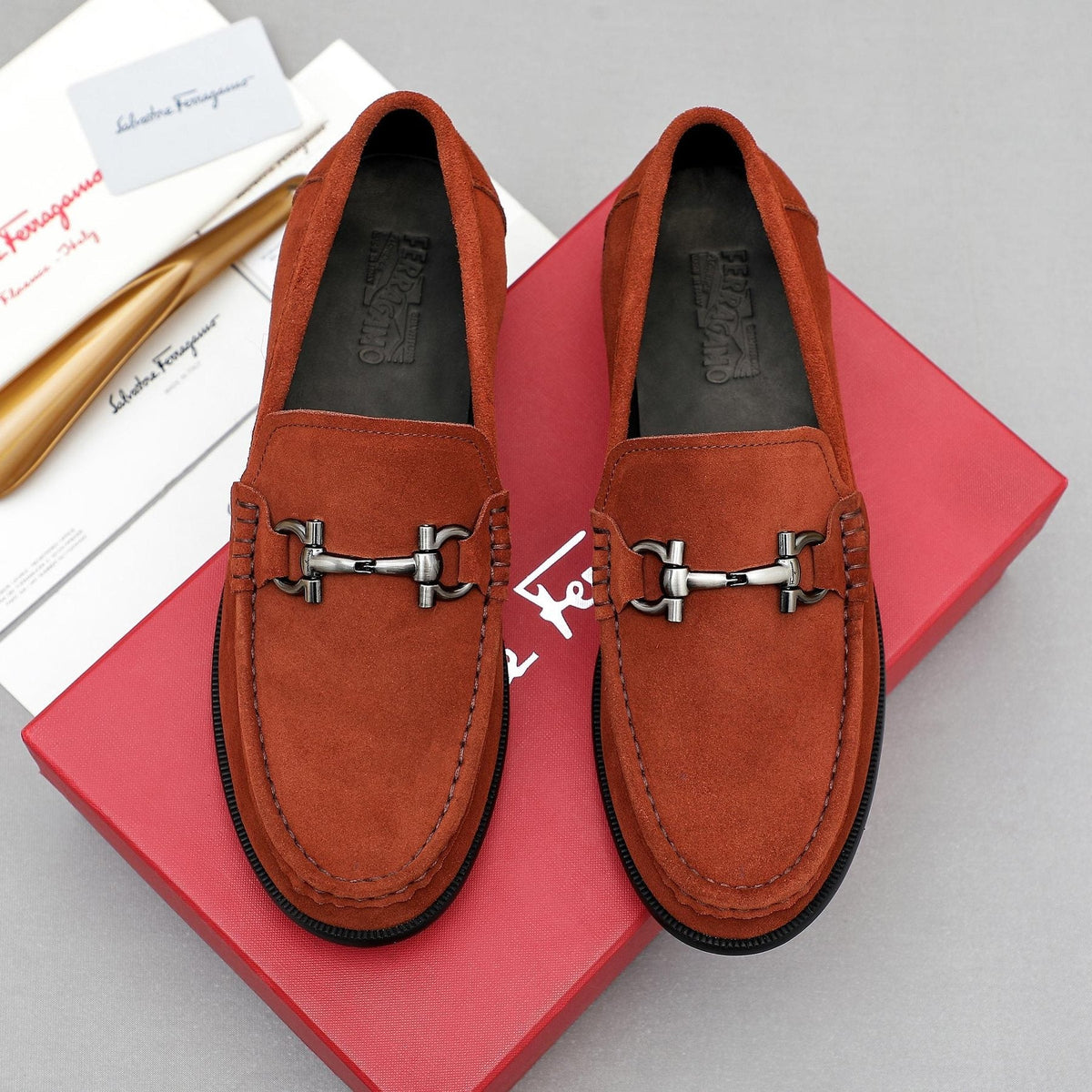Ferragamo Suede Bit Loafers — front