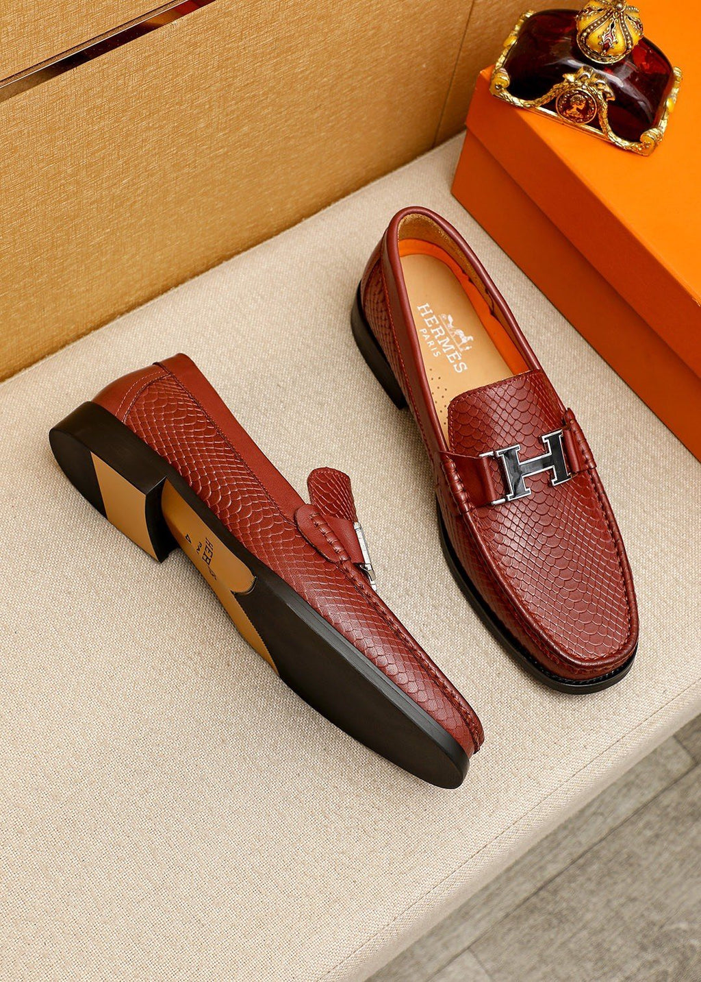 Hermès Textured H-Hardware Loafers — front