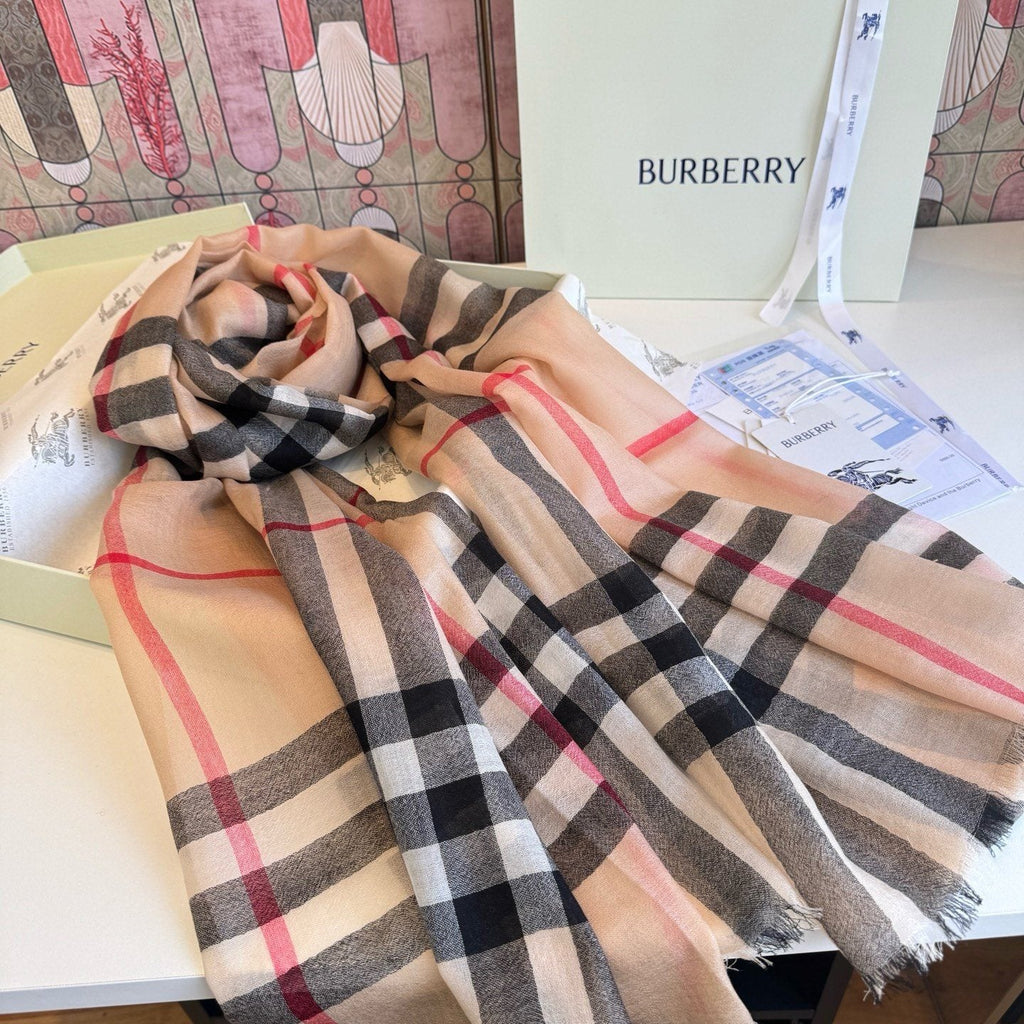 Burberry Beige Plaid Cashmere Scarf — side