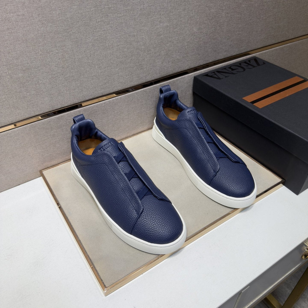 Zegna Navy Slip-On Sneakers — front
